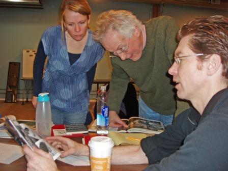 Jenny McKnight, James Bohnen, and Nick Sandys in rehearsal